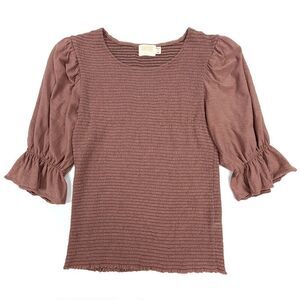 Nation LTD Bardot Gathered Sleeve Top Puff Sleeve Smocked Boho Knit Medium Mauve